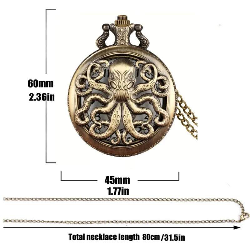 Bronze Octopus Pocket Watch Retro Unique Pattern Quartz Chain Chronograph Gift For Men Boys
