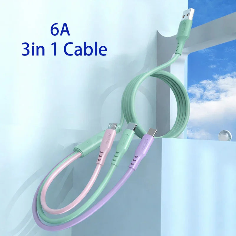 3-in-1 USB Cable 6A Fast Charging & Data Sync for iPhone, Xiaomi, Huawei, Vivo, Type-C, Micro Cord, High-Speed Charger Cable