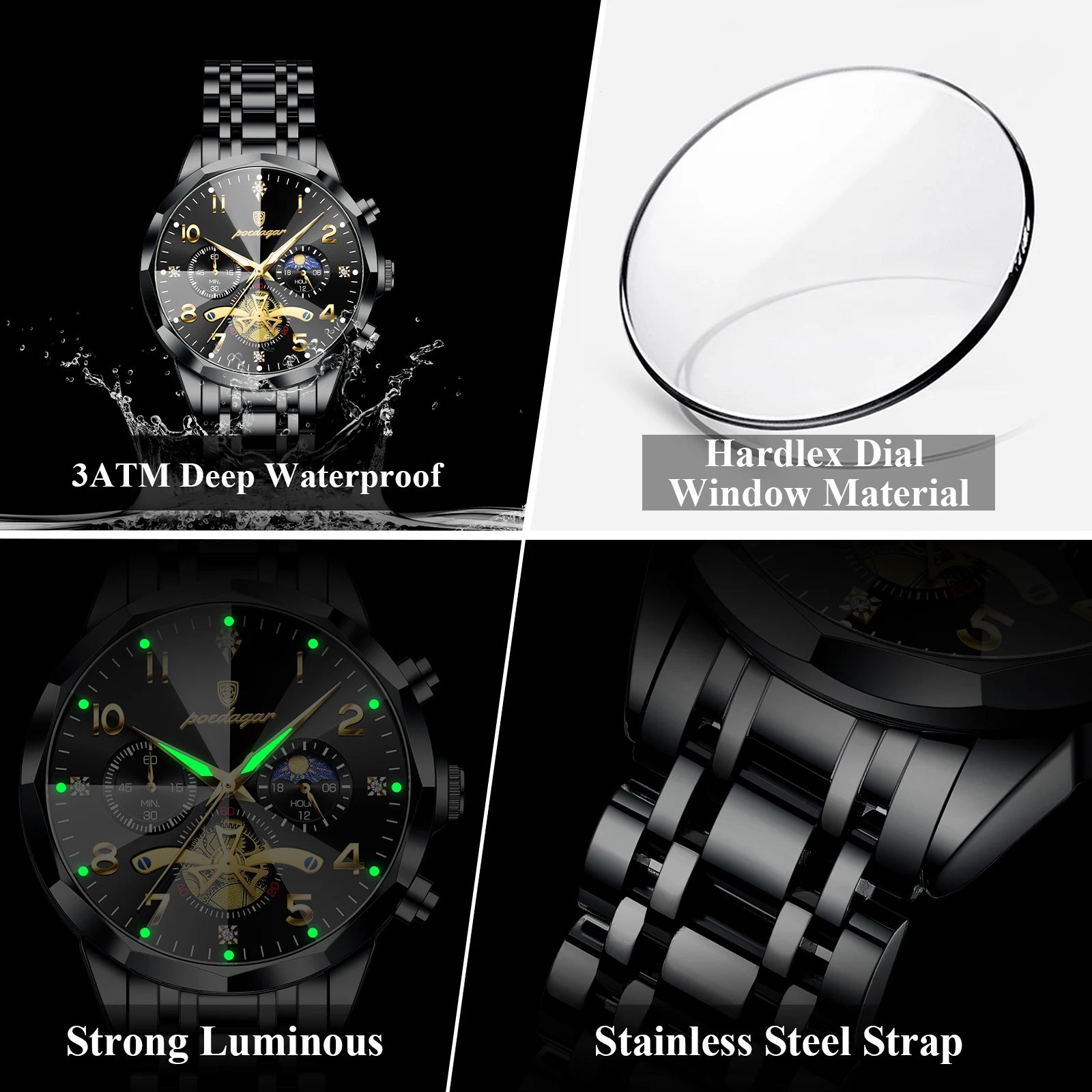 POEDAGAR Luxury High Quality Man Wristwatch Chronograph Stainless Steel Quartz Men's Watches Waterproof Luminous Men Clock Reloj