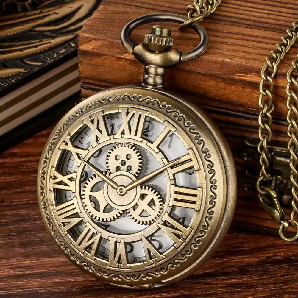 Antique Steampunk Bronze Hollow Gear Movement Quartz Pocket Watch Pendant Gift With Chain Boys Men