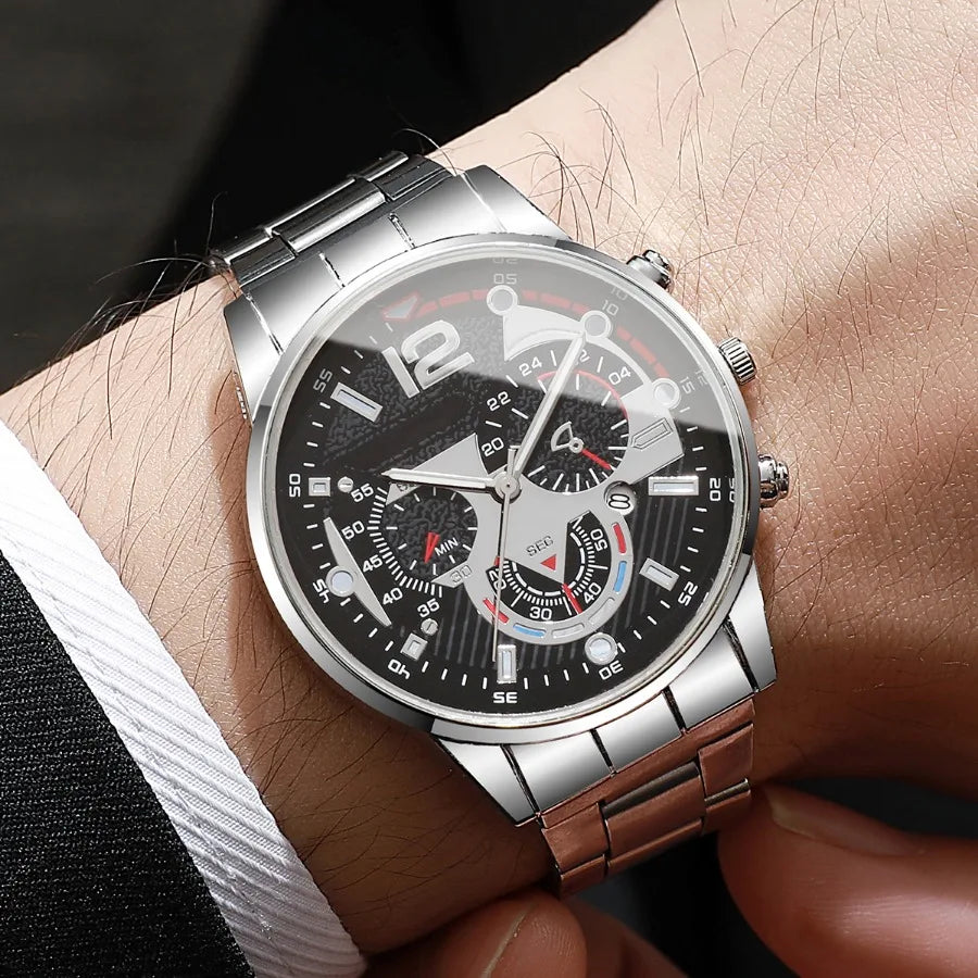 3PCS Fashion Men Business Watches Bracelet Necklace Set Luxury Steel Band Male's Analog Quartz Watch Reloj Hombre（Without Box）