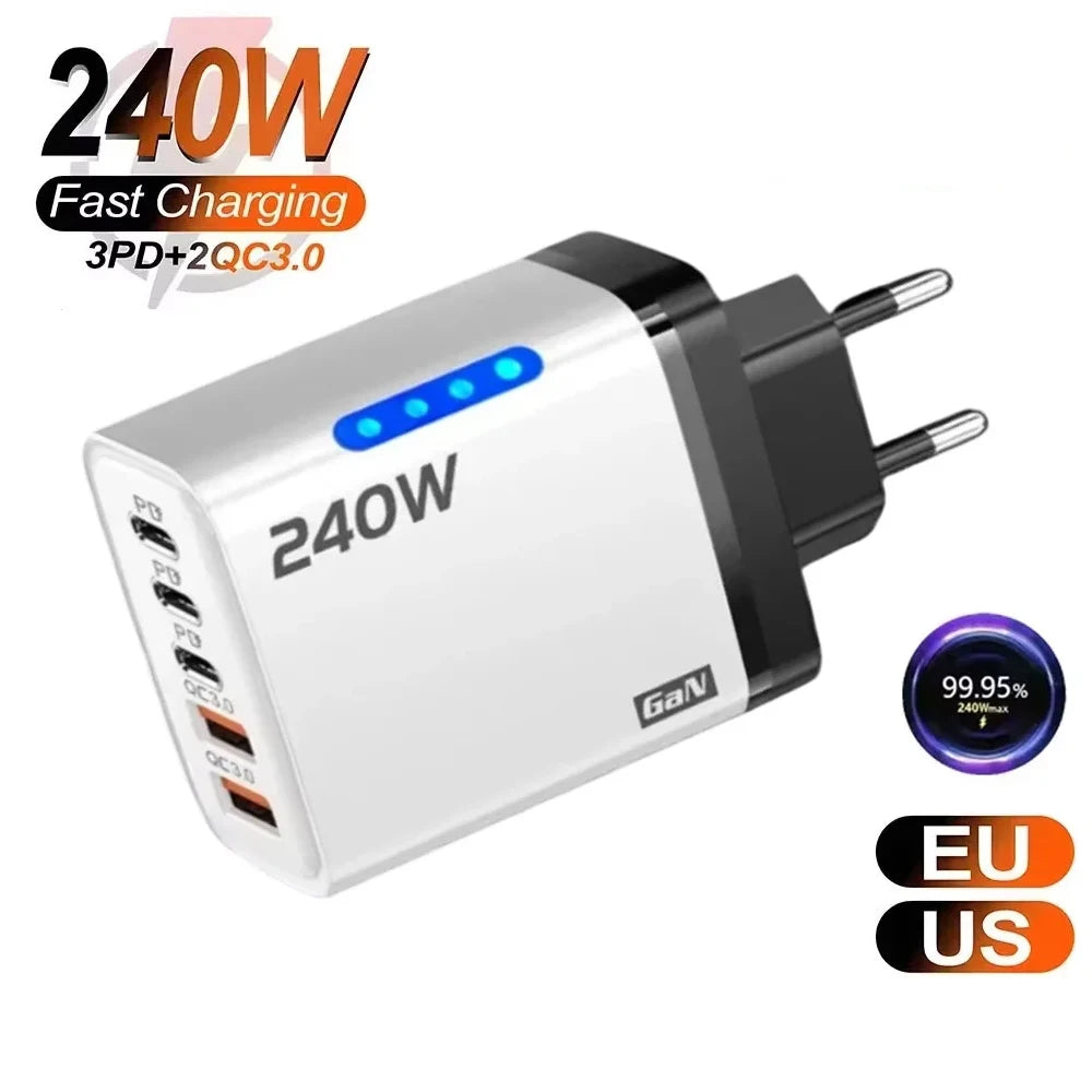 5 in 1 240W GaN Fast Charger With LED Light 2USB+3Type-C Multi Port Phone Charger for iPhone 16 15 pro Samsung Huawei Xiaomi 15