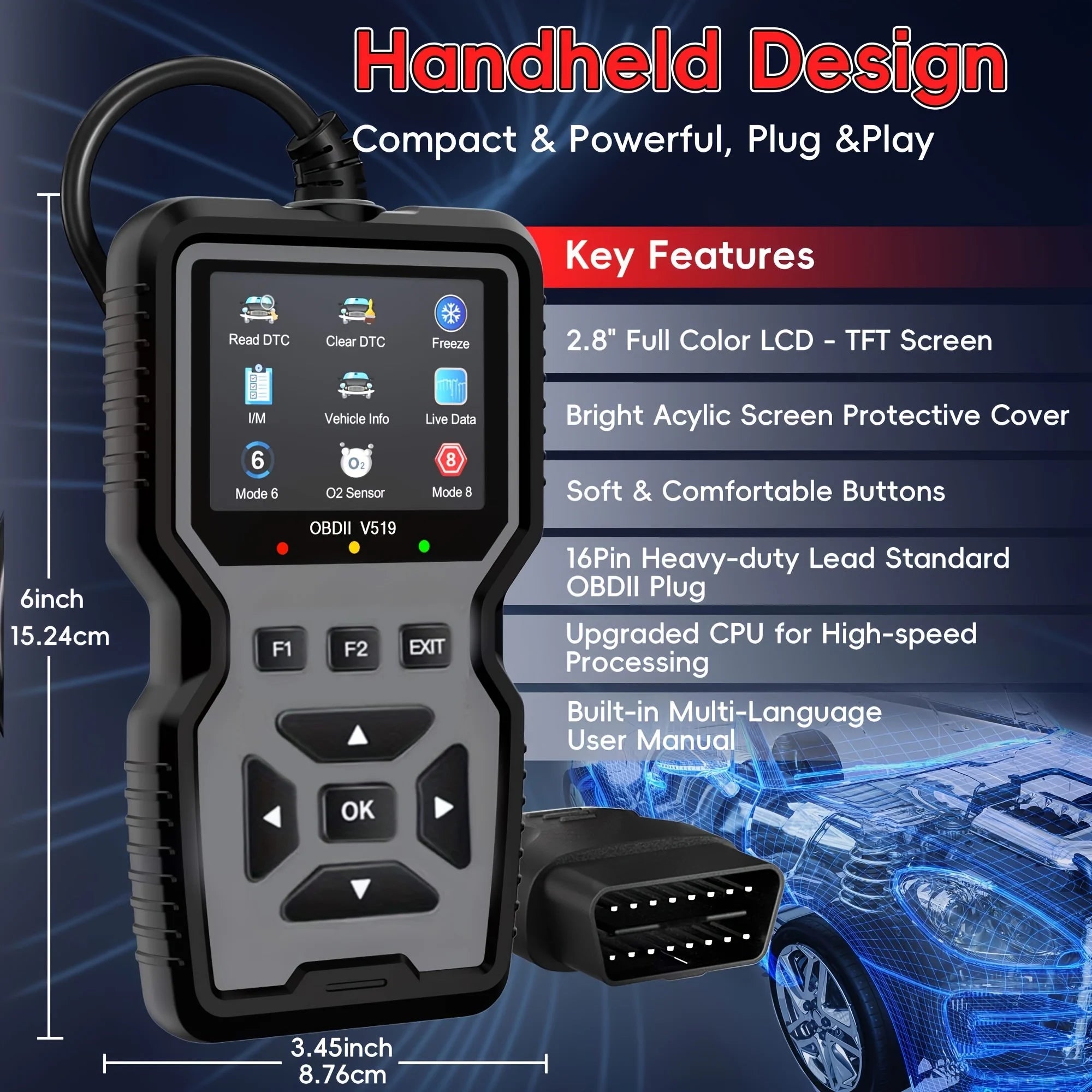 2025 V519 Professional Obd2 Scanner - Usb-Powered Automotive Diagnostic Tool with Real-Time Data Stream, Full-Featured Obd Ii Testing (I/M Ready, Bod2/Eobd), Clears Engine Fault Lights, Reads/Erases Codes for Most Vehicles, A