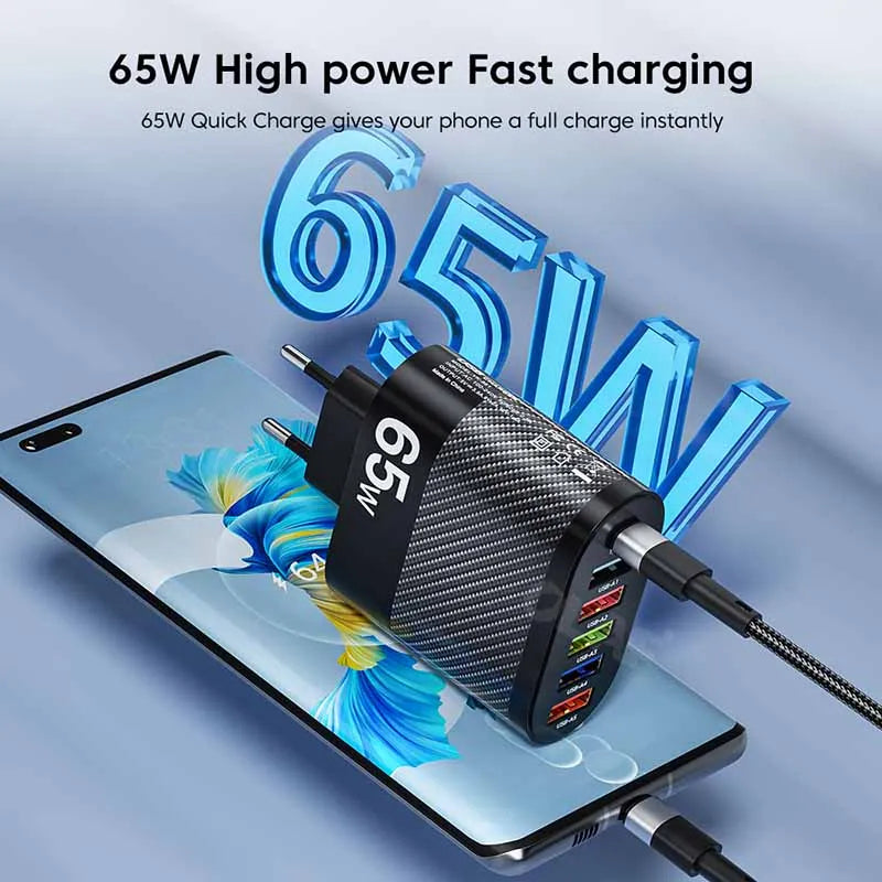 65W USB Charger 6 Ports Fast Charging PD Type C Charger Adpapter For iPhone Xiaomi Huawei Samsung QC 3.0 Fast Charge PD Charger