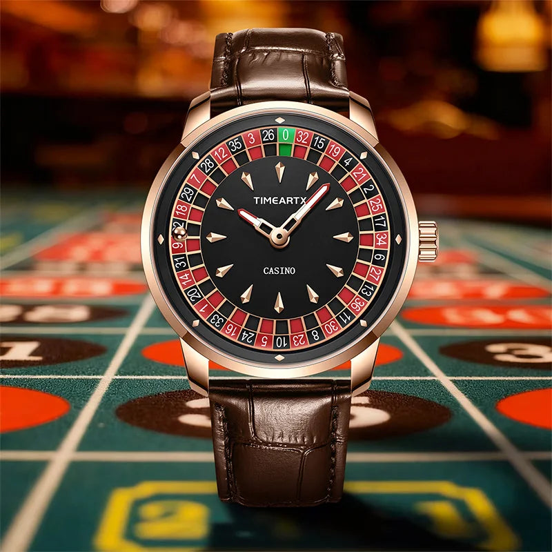 TIMEARTX Men's Trendy Watch European Roulette Poker Game Style Quartz Movement Genuine Leather Luxury Watch