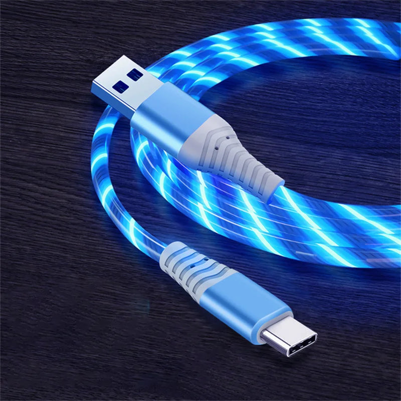 3A Glowing Cable Flowing LED light Micro USB Type C Cables For Samsung iPhone 13 Xiaomi Huawei Mobile Phone Charging Wire Cord