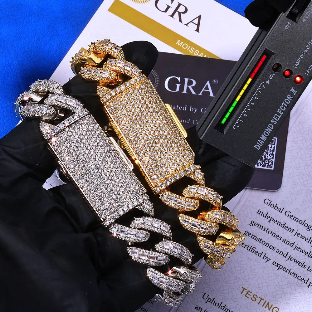 ESKEEM 18mm 3 Row Moissanite Cuban Link Chain 925 Silver Full Iced Out VVS Moissanite Bracelet Hip Hop Jewelry