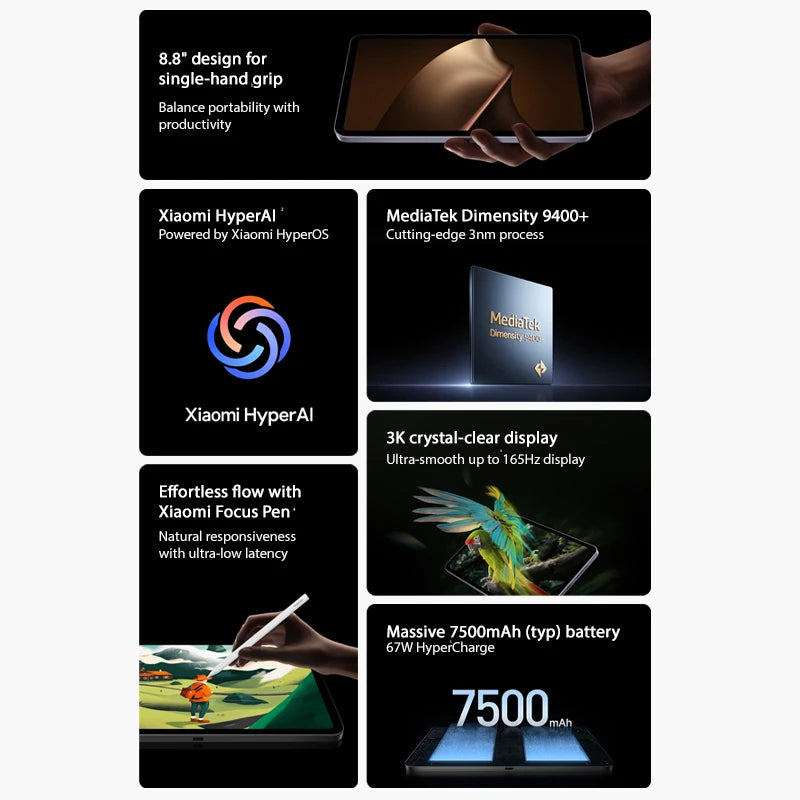 Xiaomi Pad Mini Global Version 7500mAh battery 67W HyperCharge 8.8" 3K ultra-clear display MediaTek Dimensity 9400+