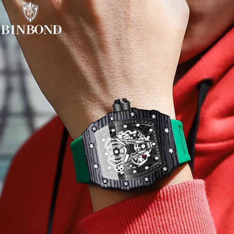 BINBOND Brand Men Watch Domineering Barrel Watch Curved Mirror Hollow Surface Sports Men Watch Silicone Quartz Wristwatch B8577