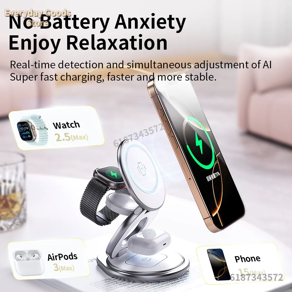 3 In 1 Magnetic Wireless Charger Fast Charging Station 360° Rotation Foldable Phone stand for iPhone 12-16 Pro Max Watch Airpods