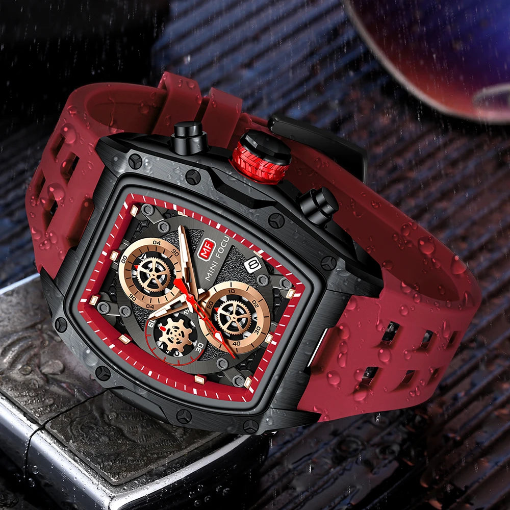 MINI FOCUS Multifunctional Luxury Fashion Quartz Wristwatches for Men Warrior Red Strap Waterproof Chronograph reloj hombre 473G