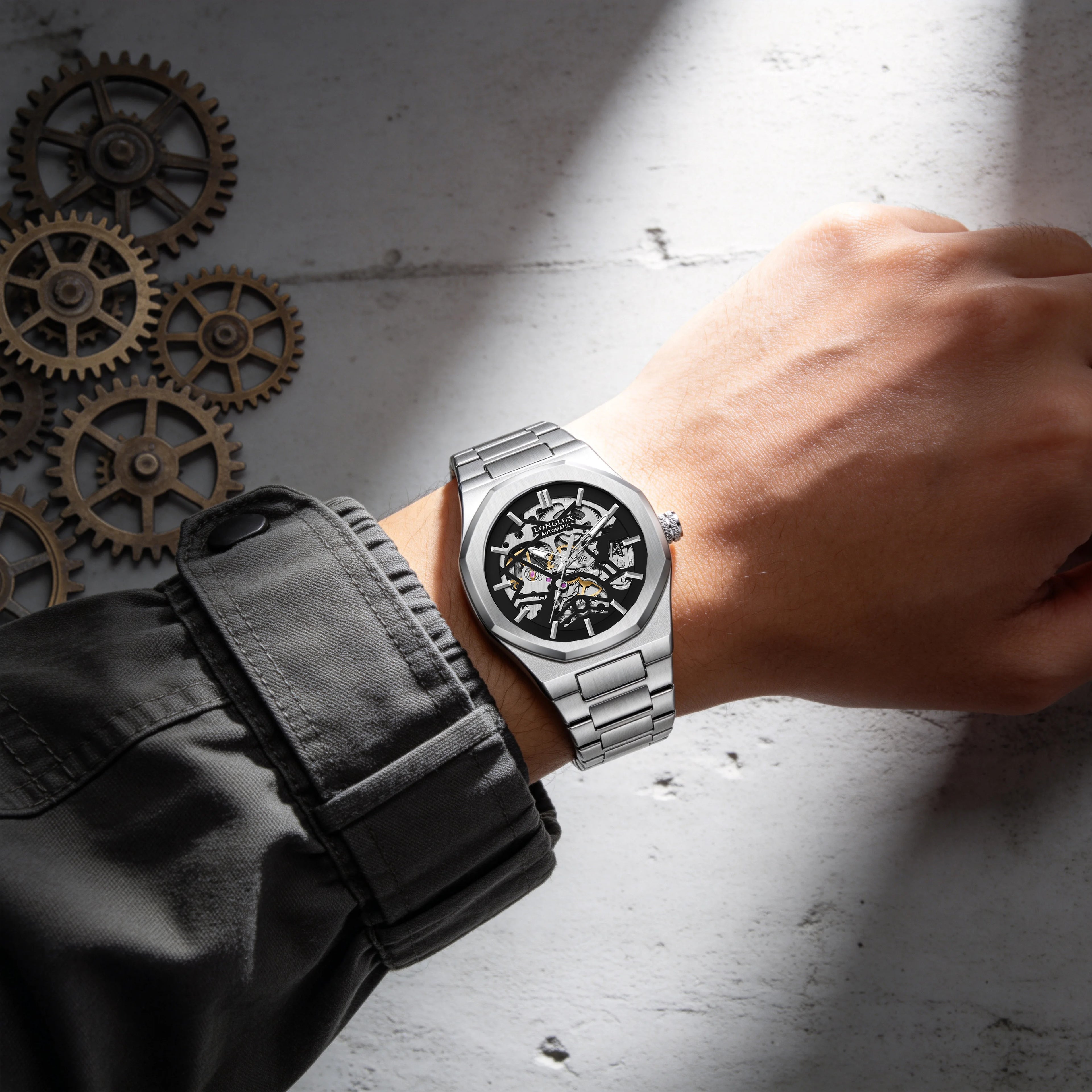 LONGLUX Men automatic watch special tough guy waterproof skeleton mechanical watches trend alien stainless steel gift watch