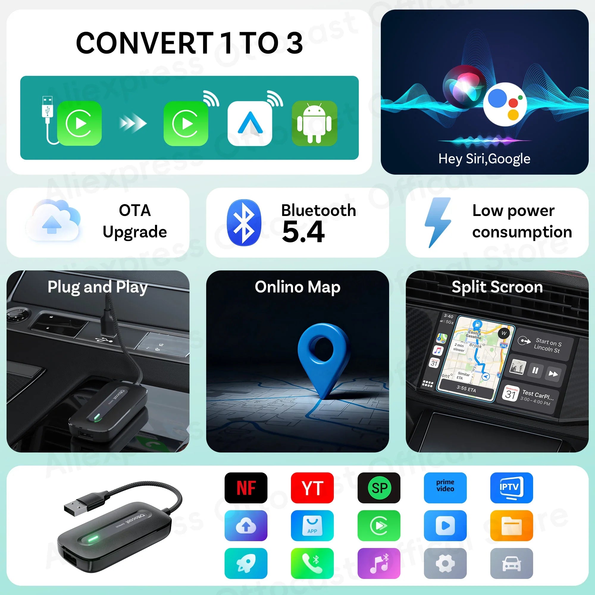 OTTOCAST Play2Video Express Wireless CarPlay Android Auto Adapter for Youtube Netflix for Volvo Chevrolet VW CarAccessorie