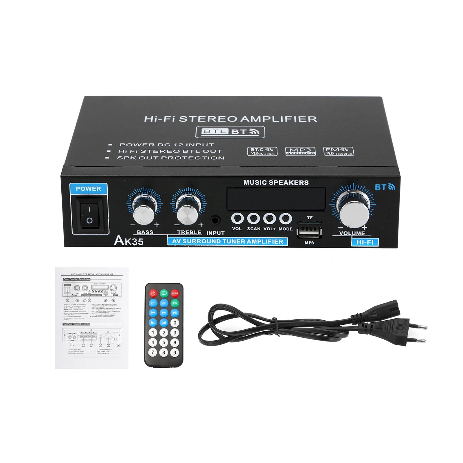 AK45/AK35 800W Home Power Amplifier 2 Channel Bluetooth 5.0 Mini Hifi Digital Stereo Sound Amplifier Support FM USB SD Mic input