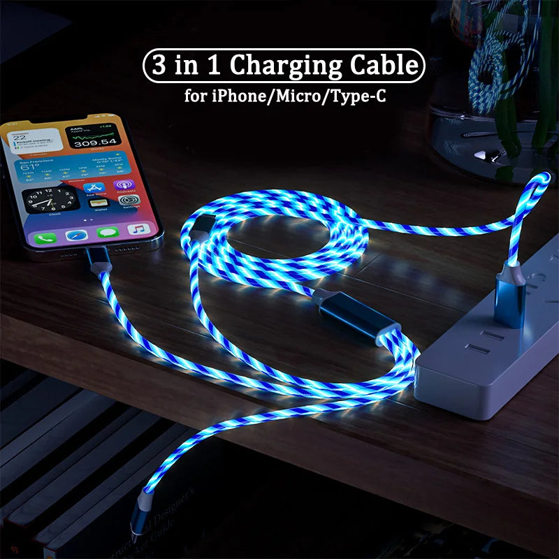 3 in 1 LED Light Glowing Charging Cable 3A Micro USB C Type C Flowing Streamer Type-C Cable for iPhone Xiaomi Huawei