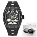 MEGIR Men Wristwatch Fashion Black Waterproof Automatic Mechanical Watch with Luminous Hands Silicone Strap Tonneau Dial 2242