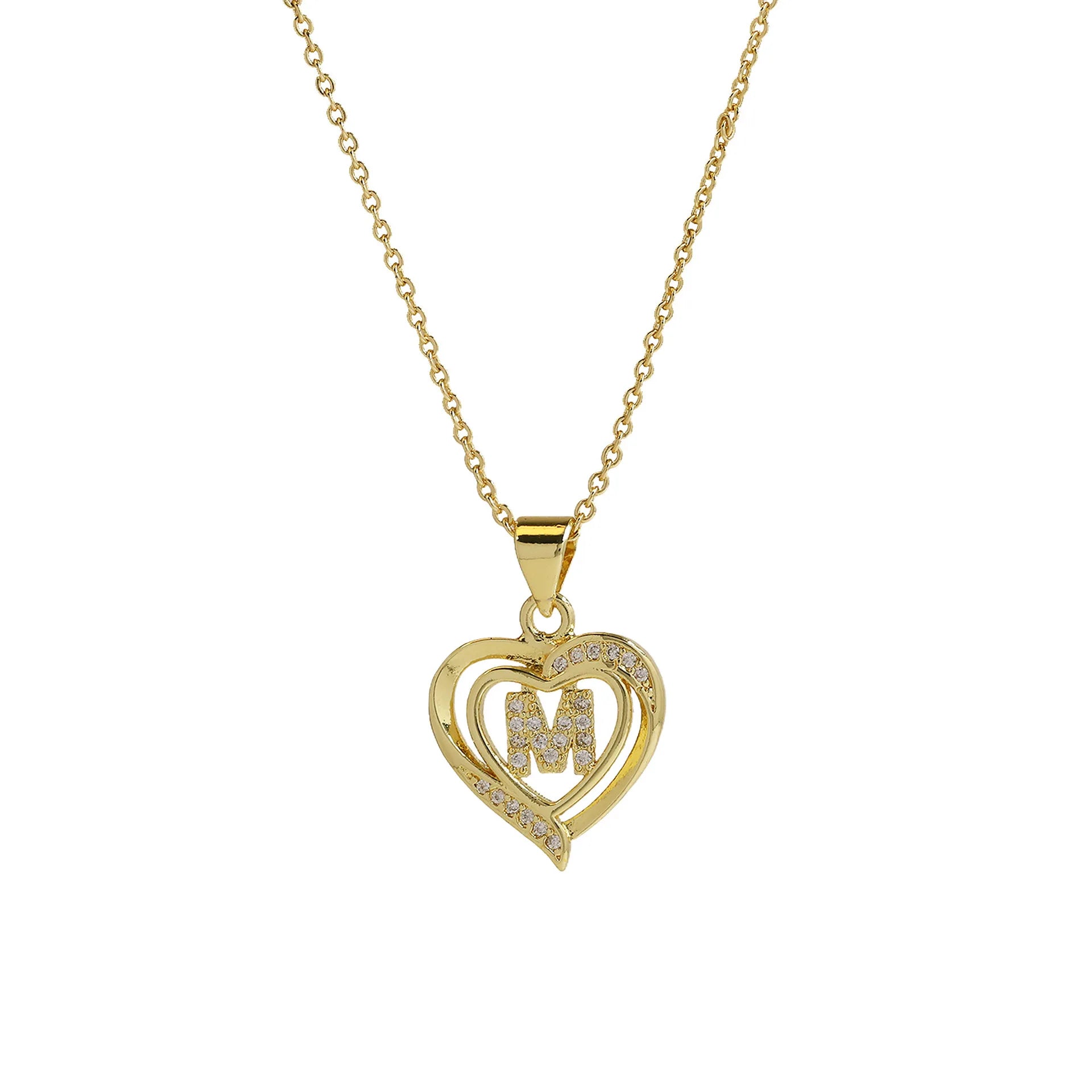 A-Z English Letter Initial Necklace Gold Color Plated Necklace Micro Setting Zircon Heart Necklace for Women