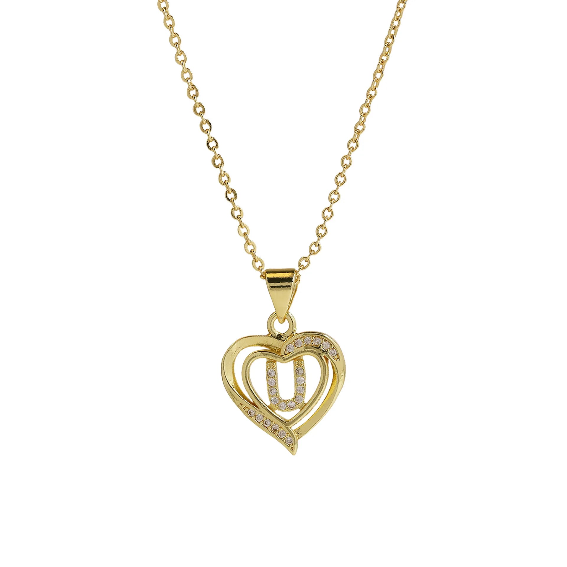 A-Z English Letter Initial Necklace Gold Color Plated Necklace Micro Setting Zircon Heart Necklace for Women