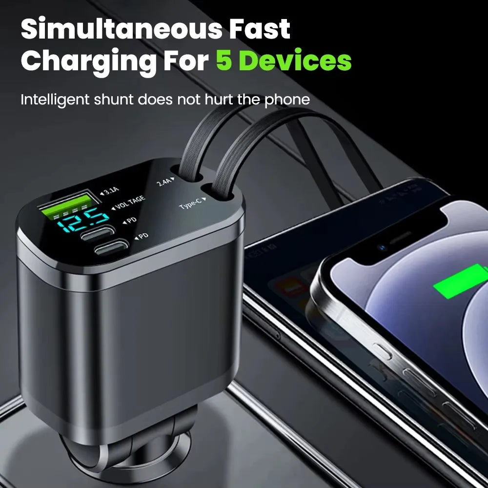 5 IN 1 Retractable Car Charger USB Type C PD Retractable Cable For iPhone Samsung Fast Charging Cord Cigarette Lighter Adapter