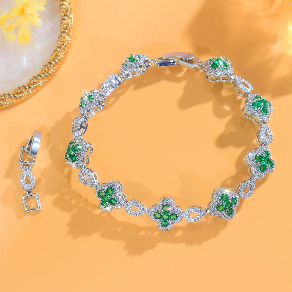 ThreeGraces Elegant Shiny Green Cubic Zirconia Flower Shape Bridal Wedding Party Link Chain Bracelet for Women Jewelry BR448