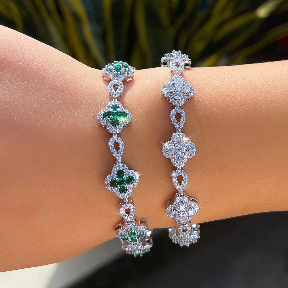 ThreeGraces Elegant Shiny Green Cubic Zirconia Flower Shape Bridal Wedding Party Link Chain Bracelet for Women Jewelry BR448