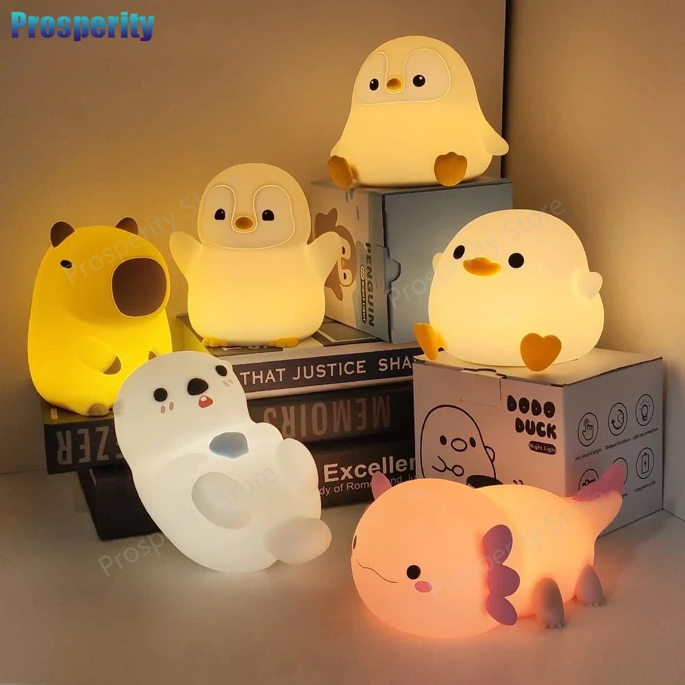 Cute Duck Capybara Night Light for Kids Animal Silicone Nursery Night Lamp Touch Control Nightlight Rechargeable Beside Lamp