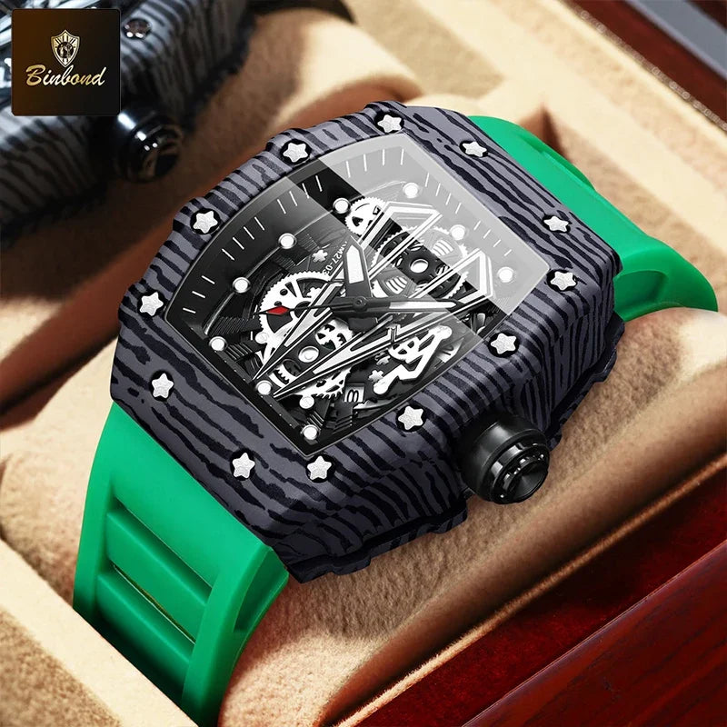 BINBOND Brand Men Watch Domineering Barrel Watch Curved Mirror Hollow Surface Sports Men Watch Silicone Quartz Wristwatch B8577