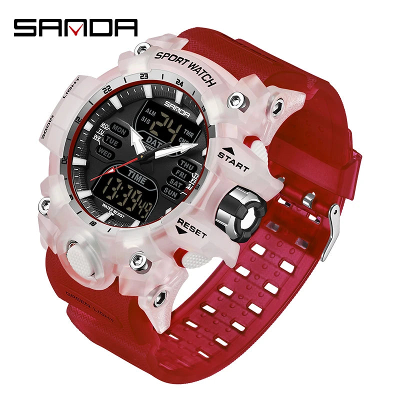 SANDA Dual Display Men Watches Waterproof Sports Watch Military Man Alarm Stopwatch Quartz Wristwatch Male LED Digital Clock6126