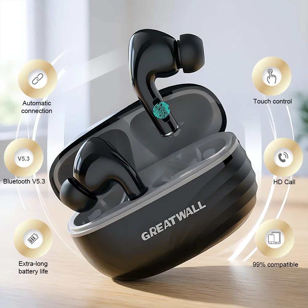 GREATWALL New Wireless Bluetooth Earphones In Ear Stereo Sports Touch Headphones Waterproof Gaming Headset HiFi HD Music Earbuds