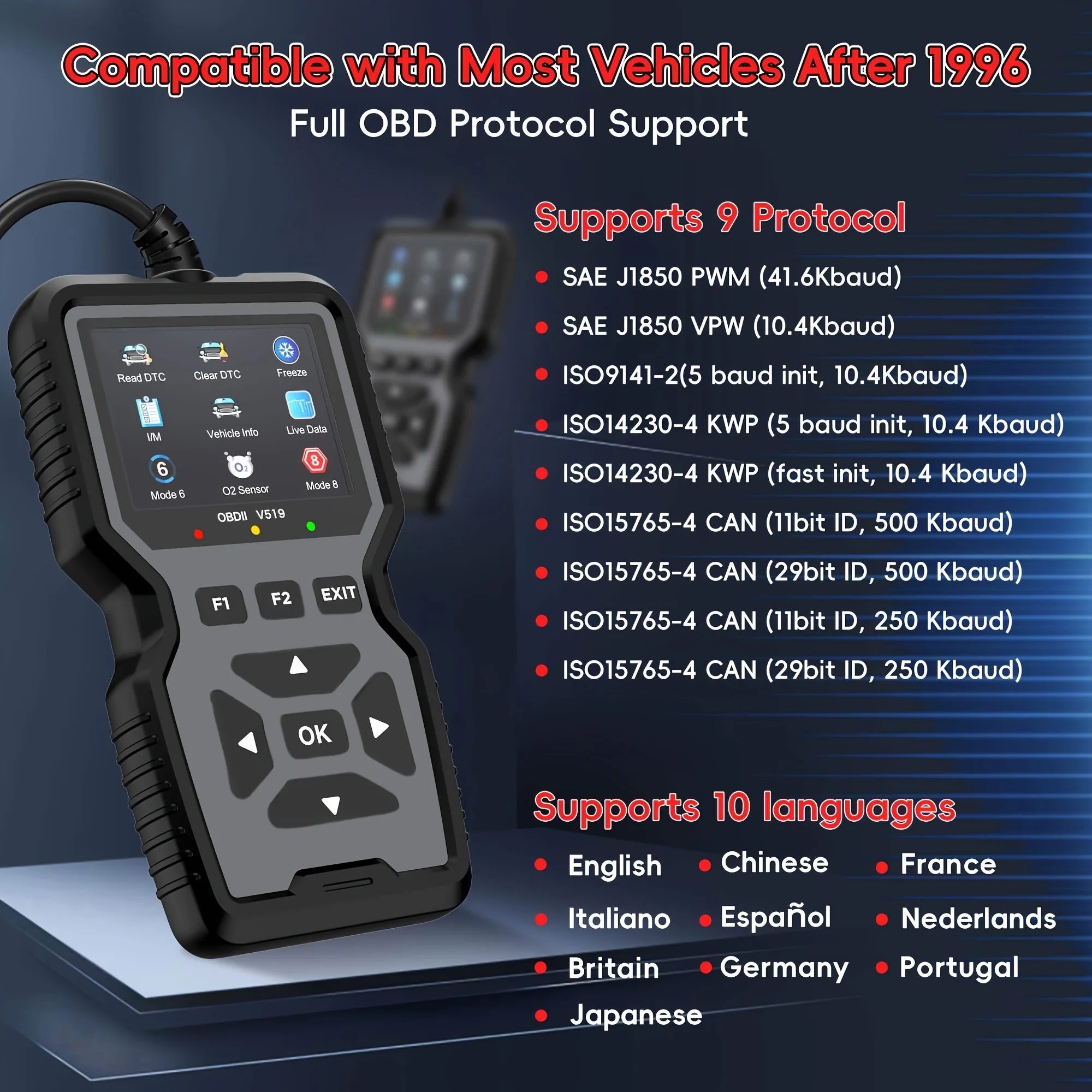 2025 V519 Professional Obd2 Scanner - Usb-Powered Automotive Diagnostic Tool with Real-Time Data Stream, Full-Featured Obd Ii Testing (I/M Ready, Bod2/Eobd), Clears Engine Fault Lights, Reads/Erases Codes for Most Vehicles, A