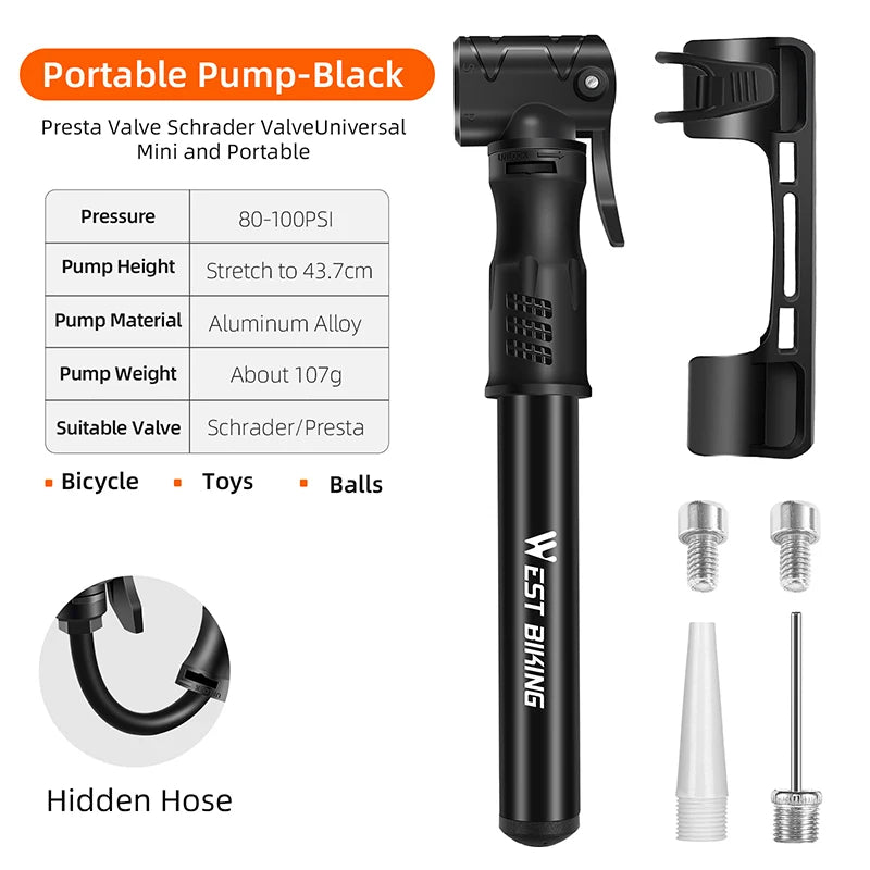 WEST BIKING Mini Bicycle Pump Portable Aluminum Alloy Cycling Hand Ball Tire Inflator Schrader Presta Valve MTB Road Air Pump