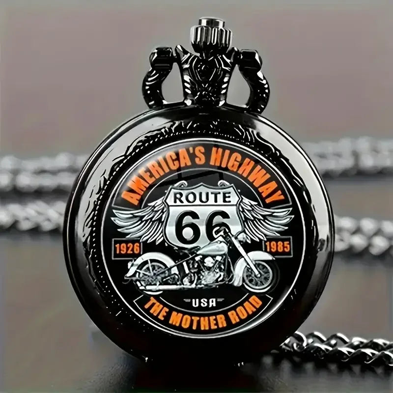 Exquisite Cool Motorbike Route 66 The Mother Road Pattern Pocket Watch Design, Precise Quartz Movement Watch Gift for Male Kids