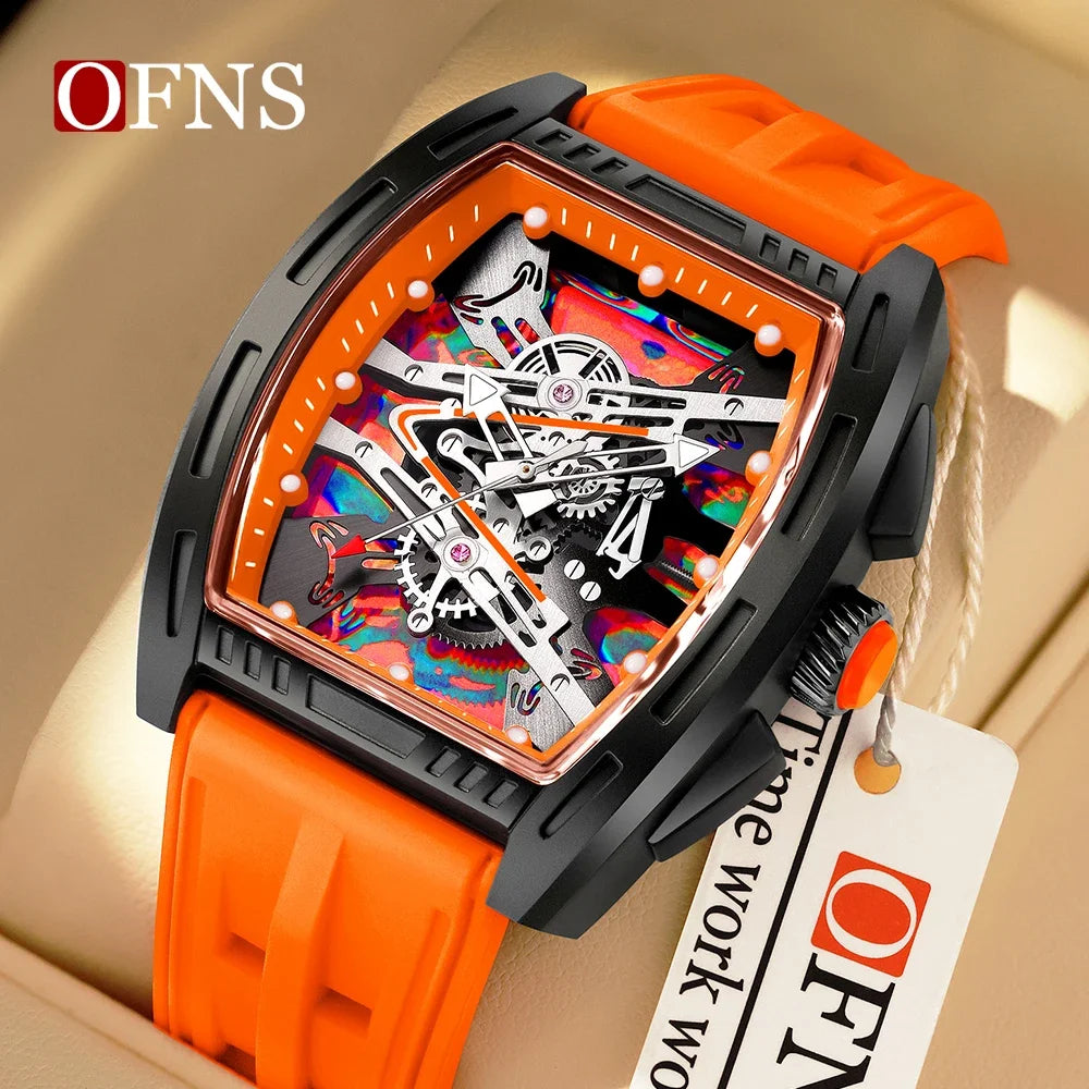 OFNS1209 Luxury Men Quartz Watch Silicone Strap Hollow Watches Mens Waterproof Sports Wristwatches Relogio Masculino
