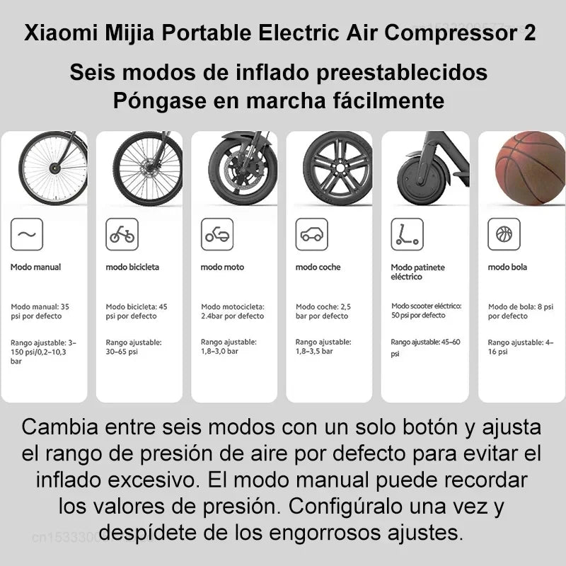 Xiaomi Mijia Air Pump 2 for Bicycles and Balls, Digital Tire Pressure Preset, Automatic Stop Charging, Type-C Multitool Inflator