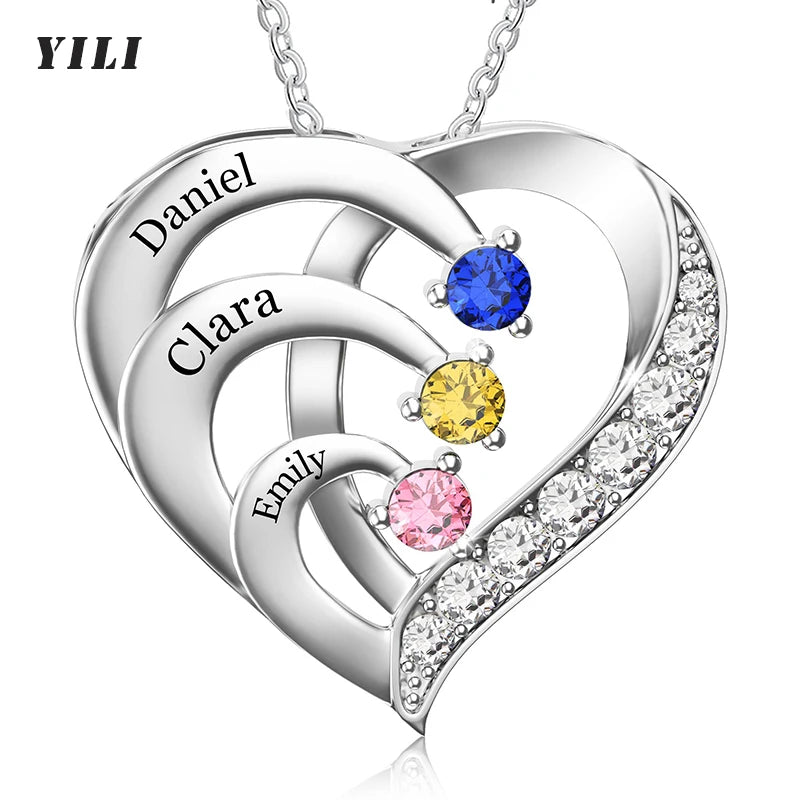 Personalized Name Necklace with Birthstones Custom Promise Necklace Heart Pendant with Engraved Names Christmas Jewelry Gifts