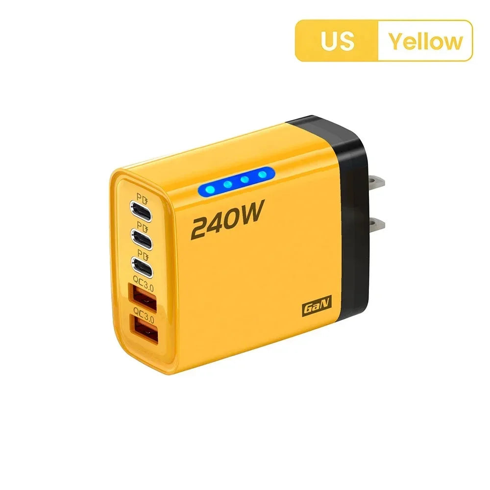 5 in 1 240W GaN Fast Charger With LED Light 2USB+3Type-C Multi Port Phone Charger for iPhone 16 15 pro Samsung Huawei Xiaomi 15