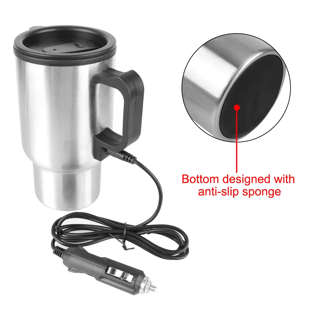 Vehicle Heating Cup Stainless Steel Electric Heating Car Kettle Water Coffee Milk Thermal Mug 12V 450ml Camping Travel Kettle