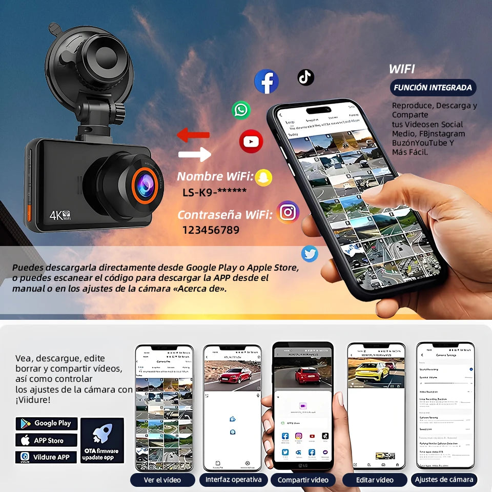 E-ACE Dash Cam 4K+2.5K Dual Channel Car Dvr Support WIFI GPS Speed Display 24h Parking Loop Record Night Vision Black Box