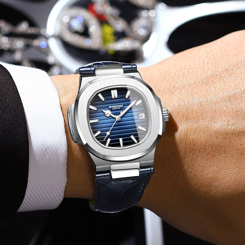 BINBOND precise quartz wristwatches for men luxury luminous waterproof auto date leather strap durabble men's watch casual reloj