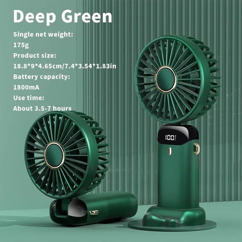 Handheld Mini Fan 3000mAh Foldable Portable Desk Outdoor Neck Hanging 5 Speed USB Rechargeable Fan Phone Stand Display Screen