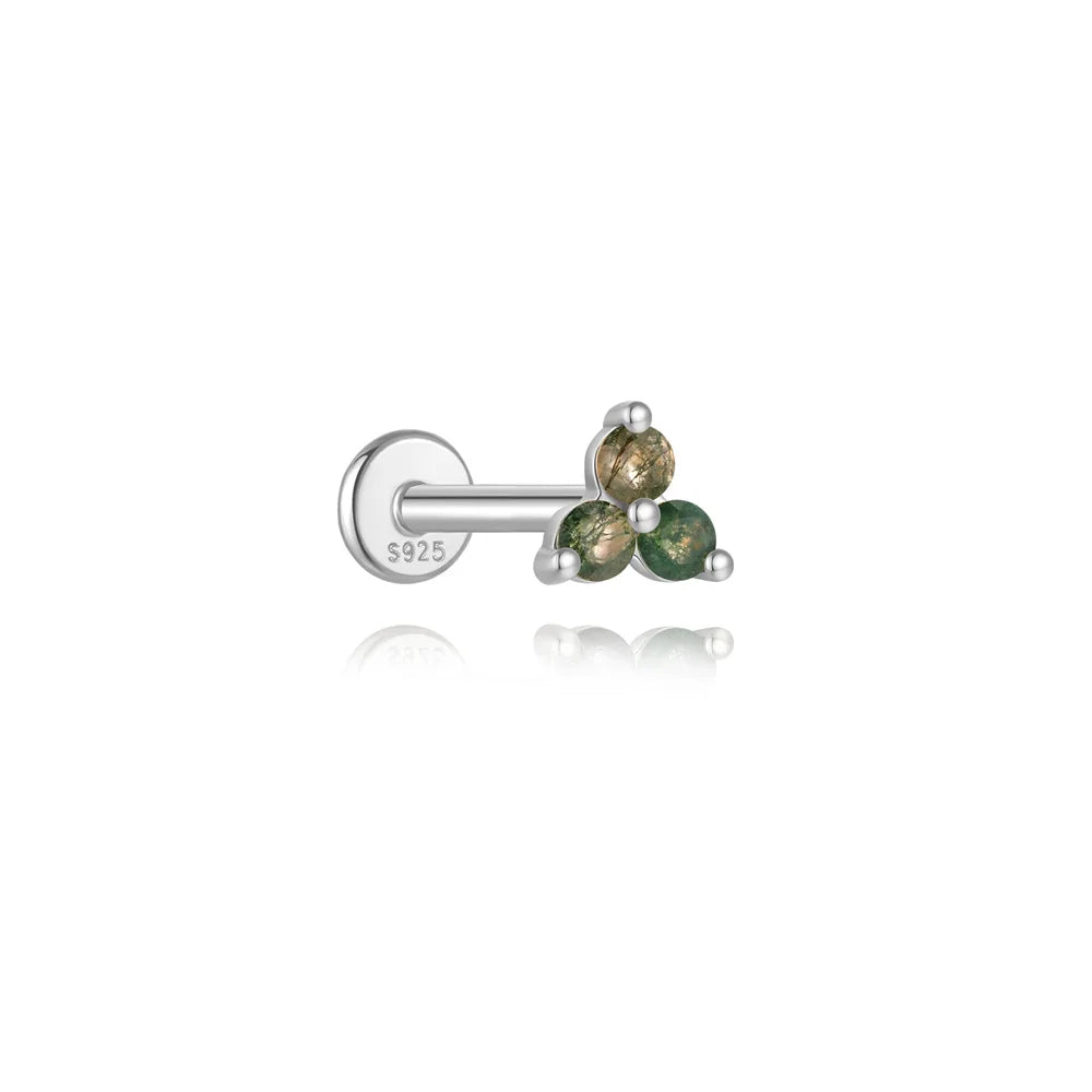 Aide 1PC Natural Water Grass Agate 925 Sterling Silver Flat Head Thread Puncture Earring Green Moss Piercing Ear Bone Earring