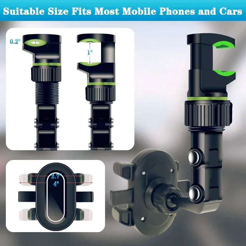Rear View Mirror Car Phone Holder,360° Rotatable and Retractable mobile support, Fit All iPhone Android Mobile Phone & Most Car