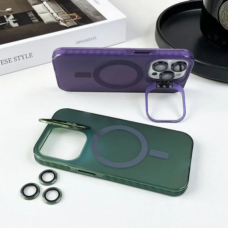 Color Change for Magsafe Magnetic Case For iPhone 16 15 14 Plus 13 12 11 Pro Max Lens Glass Film Protection Metal Stand Cover