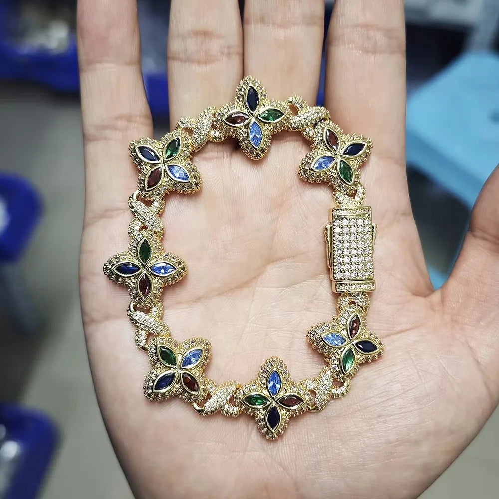 THE BLING KING Multi Color CZ Floral Inifinity Chain Bracelet Micro Paved Out 5A+ Cubic Zircon Clover Anklet Luxury Jewelry