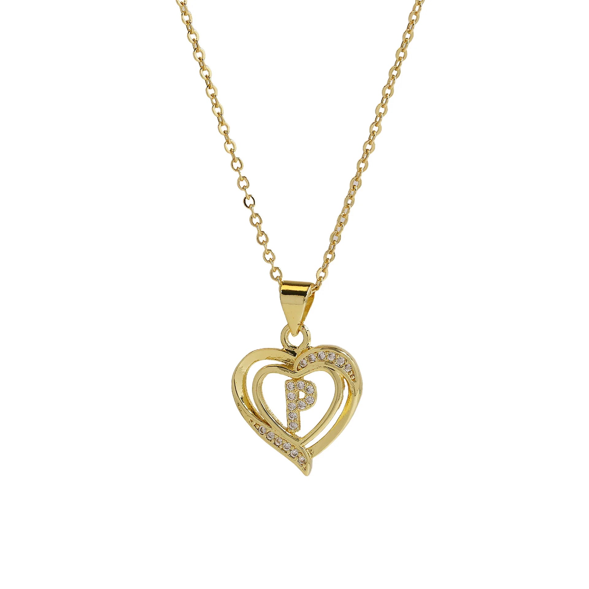 A-Z English Letter Initial Necklace Gold Color Plated Necklace Micro Setting Zircon Heart Necklace for Women