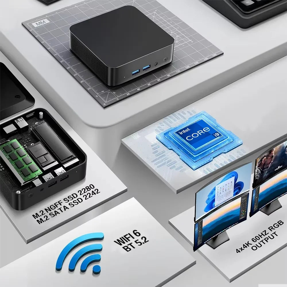 Mini PC Windows 11 Pro Intel Core i9 8950HK/ Intel Core i3 6100U Windows 11 Pro UHD Graphics  16GB LPDDR4 1/2TB M.2 SSD WiFi 6+BT5.2 Desktop PC