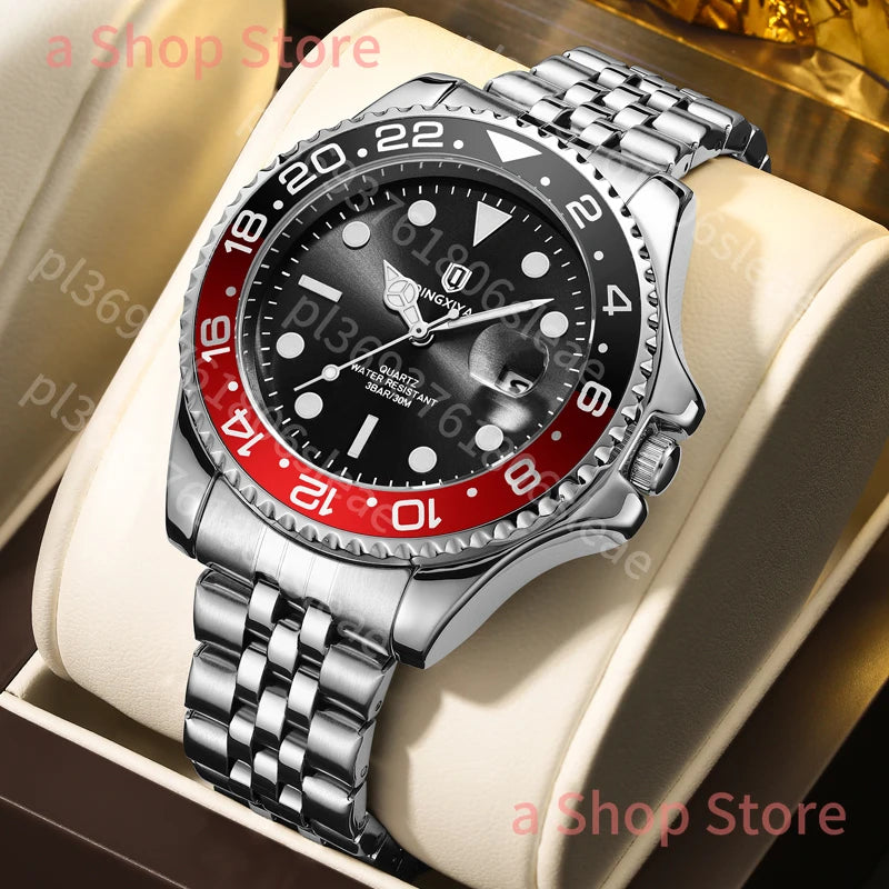 Luxury Quartz Men Watch Waterproof Luminous Date Man Watch Stainless Steel Business Wristwatches Male Clock Reloj+Box