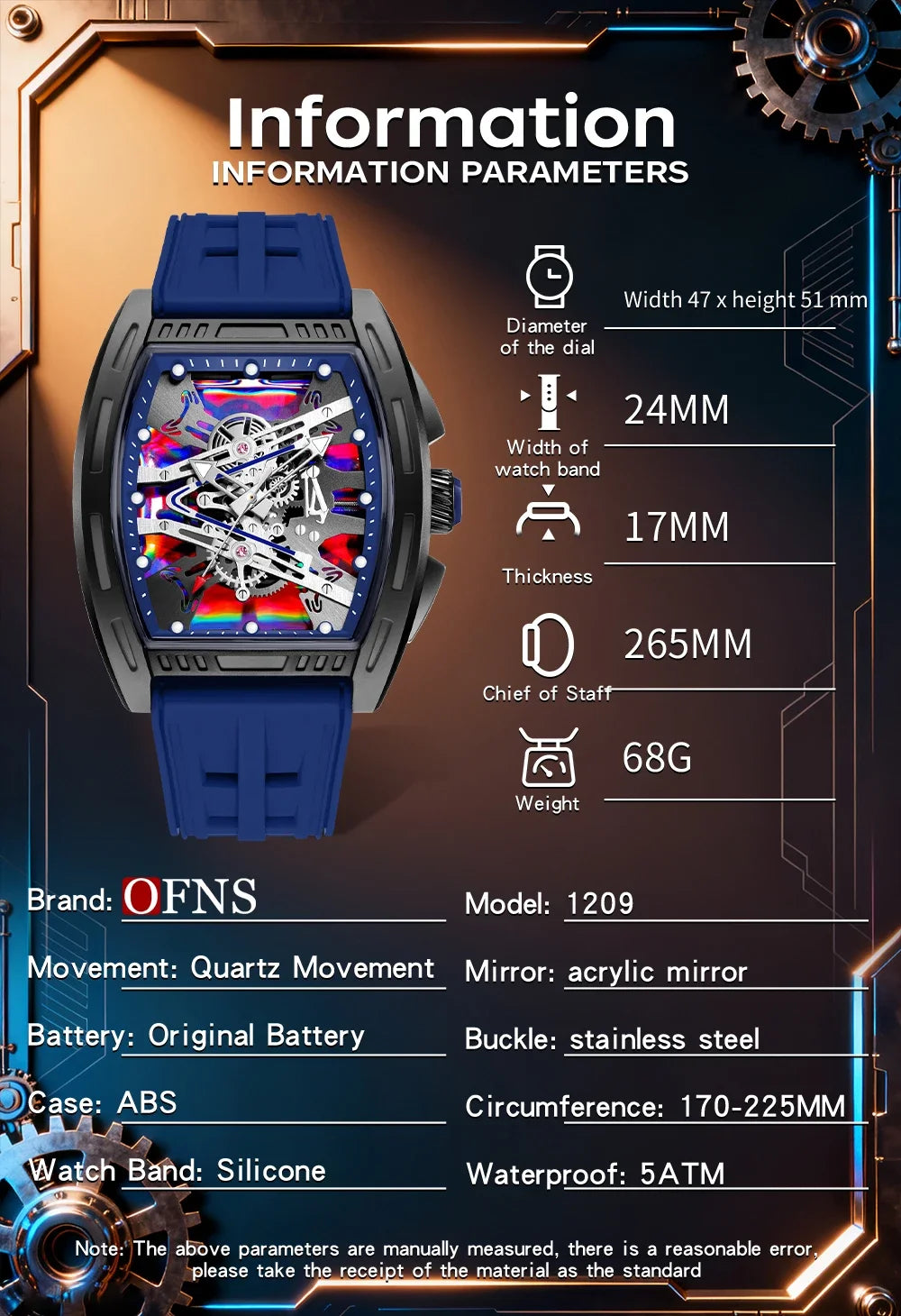 OFNS1209 Luxury Men Quartz Watch Silicone Strap Hollow Watches Mens Waterproof Sports Wristwatches Relogio Masculino
