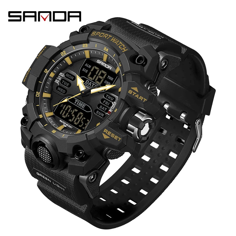 SANDA Dual Display Men Watches Waterproof Sports Watch Military Man Alarm Stopwatch Quartz Wristwatch Male LED Digital Clock6126