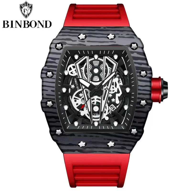 BINBOND Brand Men Watch Domineering Barrel Watch Curved Mirror Hollow Surface Sports Men Watch Silicone Quartz Wristwatch B8577
